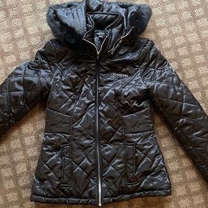 BEBE Black Corset Puffer Jacket with Fur Hood Size Small